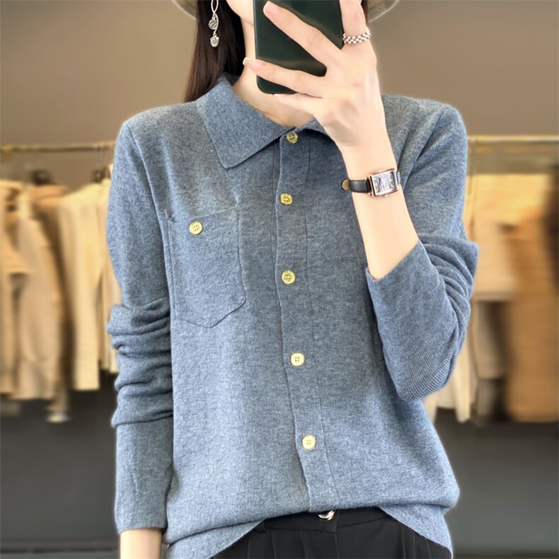 秋冬季新款衬衣领毛衣女宽松显瘦时尚百搭针织上衣,针织衫/毛衣,贵皇网供仓