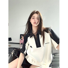 潮牌美式复古polo衫撞色短袖t恤女宽松设计感小众休闲半袖上衣，男装T恤，星座506A