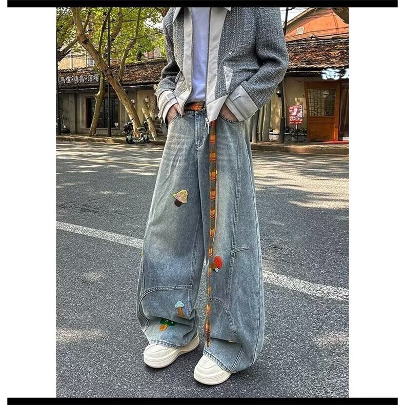 超火蘑菇刺绣牛仔裤女男设计感美式水洗复古高腰显瘦阔腿拖地裤,男装牛仔裤,星座506A