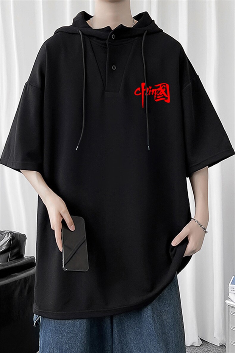LD54276-P45连帽短袖t恤男大码胖子带帽五分袖中袖,男装T恤,电商A040
