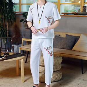 风男宽松棉麻潮流复古两件套短袖套装2021夏季新款TZ025图片