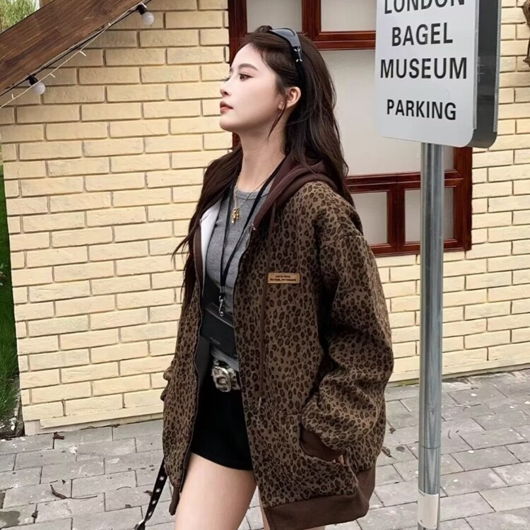 卫衣外套女2025新款春季连帽宽松宽松豹纹开衫上衣女装套头,女装短外套,星座218-8