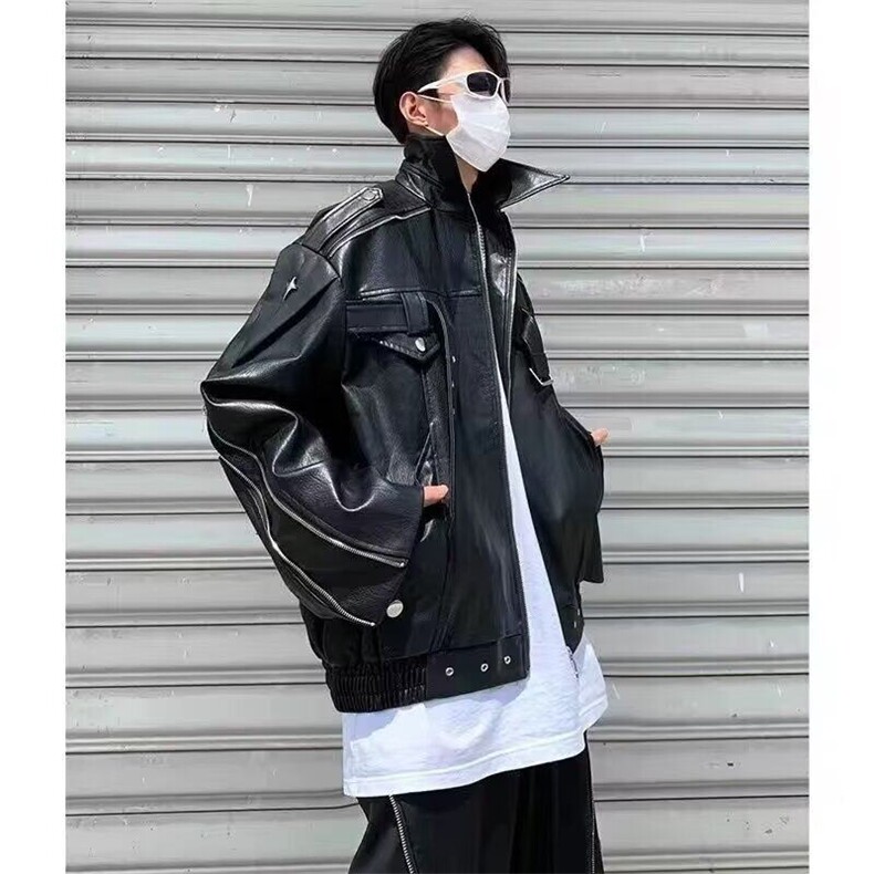 欧美复古高街白色皮衣外套男春秋款潮牌小众高级感短款机车服夹克,男装夹克,星座506A