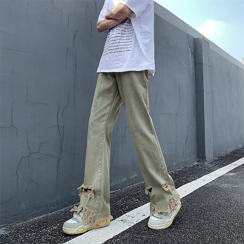 现货黄泥美式vibe裤高街黑色破洞微喇直筒毛边牛仔裤男K890-P55,男装牛仔裤,星座205