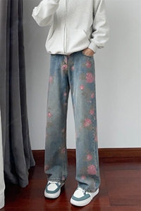 B221 美式ins高街小众桃花宽松直筒牛仔裤 LK24385-特P52控88图片