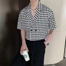 夏季潮男抖音高级感千鸟格网红短袖痞帅衬衫男CS295-P58控75，男装T恤，电商B267