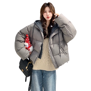 灰色连帽短款羽绒服女冬季小个子90白鸭绒加厚保暖面包服减龄外套图片