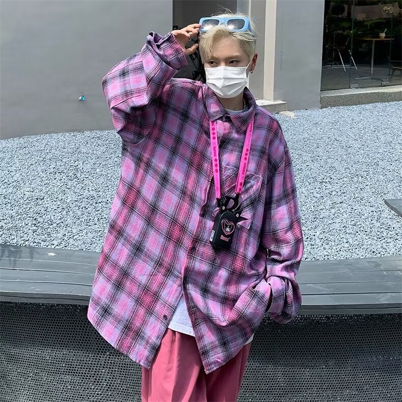 2023日系格子翻领长袖衬衫男女潮牌宽松BF风休闲情侣外套,男装衬衫,星座716-2