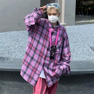 2023日系格子翻领长袖衬衫男女潮牌宽松BF风休闲情侣外套图片