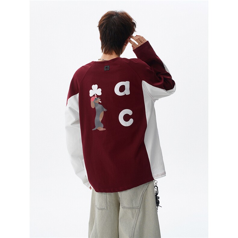 6XL-M美式潮牌印花长袖t恤男拼接撞色卫衣男上衣服CX3009-特P48,男装T恤,电商D206-1