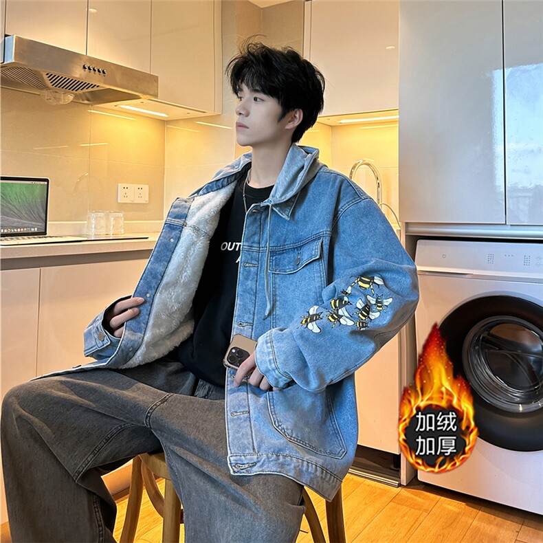 JK3028J-P95-限价138 M-5XL羊羔绒加绒牛仔夹克外套连帽棉服大码图片