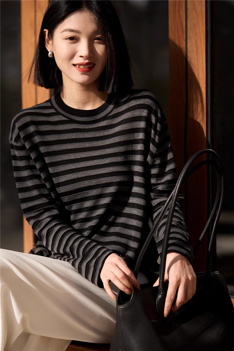 时尚潮流百搭女士圆领轻盈感条纹长袖,女装T恤,恒旺羊绒
