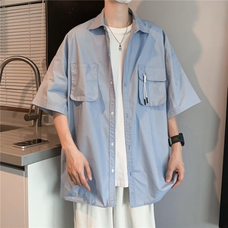 休闲复古夏季工装口袋短袖衬衣宽松男女休闲衬衫外套W12600-P39,男装T恤,星座1008-2