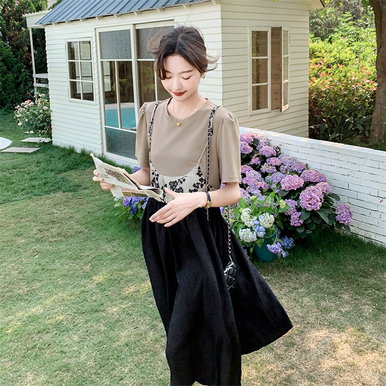 法式碎花拼接假两件连衣裙女夏2024新款设计感小众慵懒风t恤裙潮,女装连衣裙,2C029