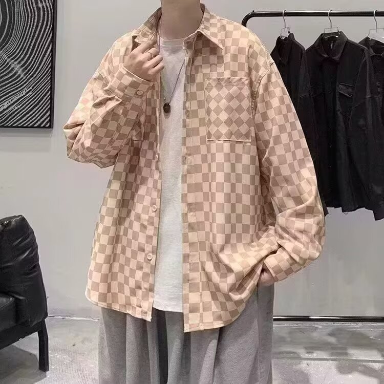 棋盘格子衬衫男女长袖ins潮流情侣小众翻领衬衣宽松日系休闲外套,男装衬衫,星座1210-1