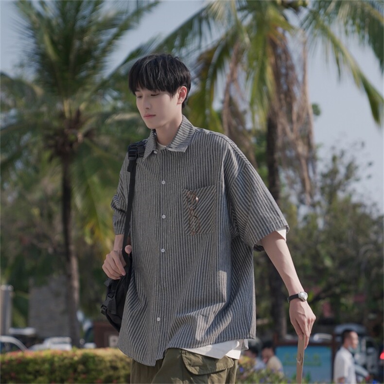 男装短袖条纹美式休闲夏季百搭翻领外套衬衫B225-C6059-P60-X75,男装T恤,电商B225