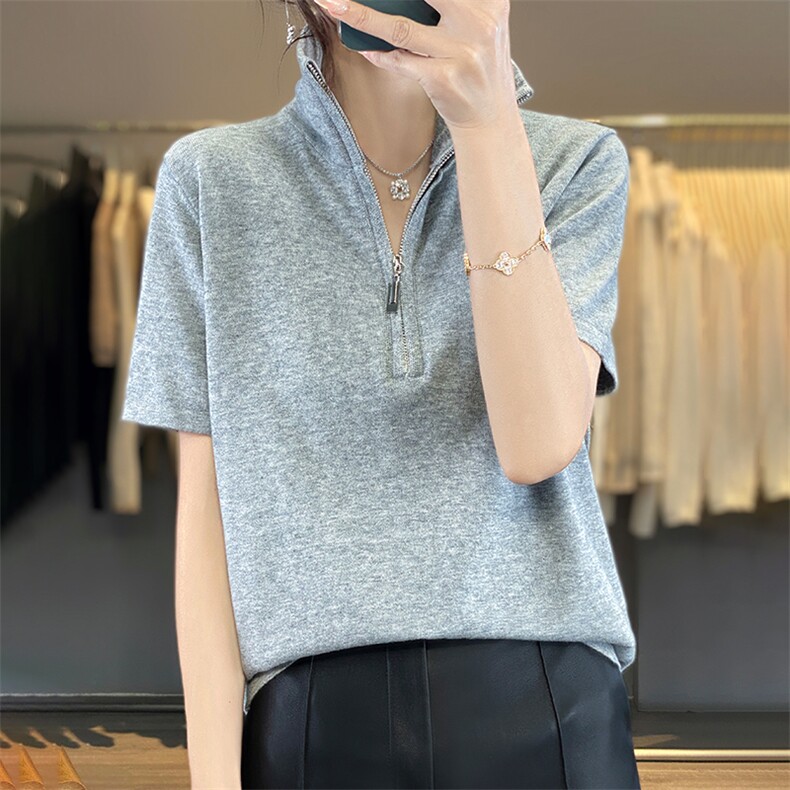 2025夏季拉链半开领短袖t恤女纯棉针织显瘦宽松气质翻领T恤上衣夏,女装T恤,丽特绒