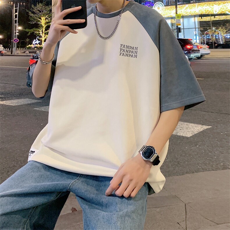 2026夏装男圆领拼色拼接麂皮绒五分袖短袖T恤T800/P35杏色,男装T恤,电商A094