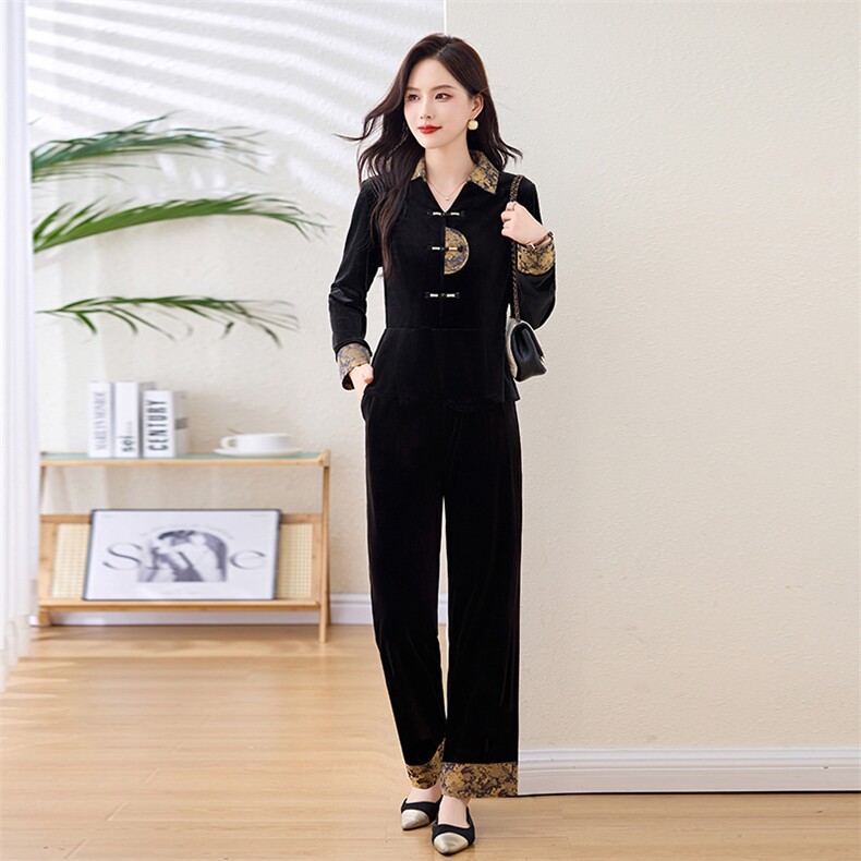 新中式风盘扣翻领金丝绒套装889P110,女装套装/套裙,乐衣轩