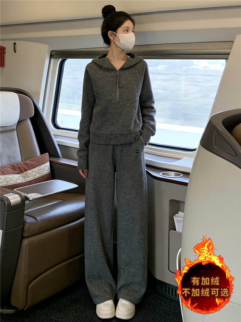 韩系气质简洁运动套装女秋冬新款拉链开衫连帽卫衣直筒长裤两件套,女装套装/套裙,江南