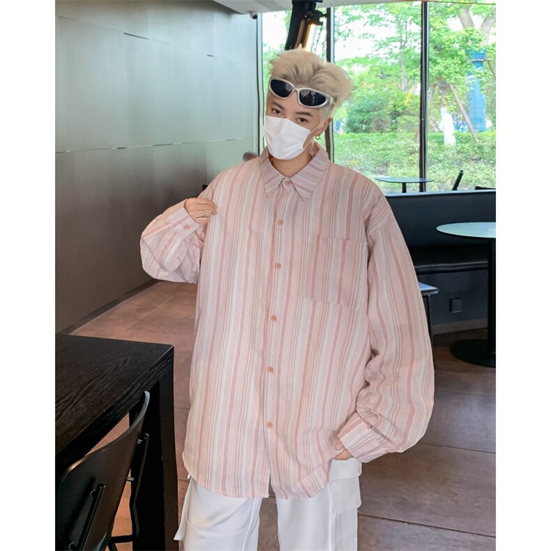 日系复古设计感条纹长袖衬衫男女春秋港风休闲衬衣潮1521P35,男装衬衫,星座410-2