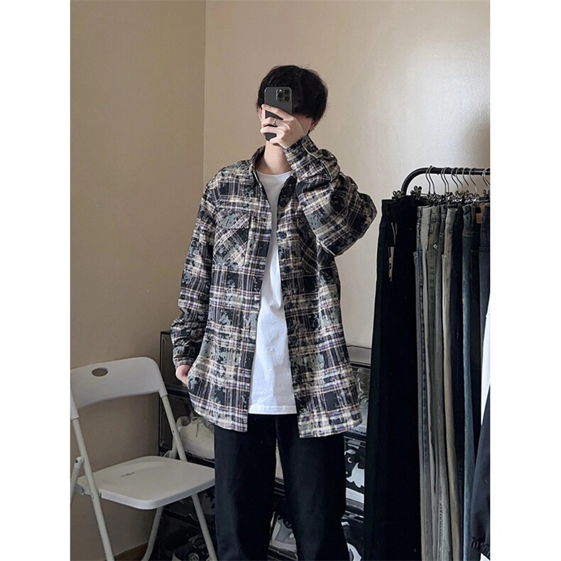 美式做旧格子衬衫男外套男女流苏破坏风情侣衬衣长袖C201,男装衬衫,星座1116A（原606A-3）