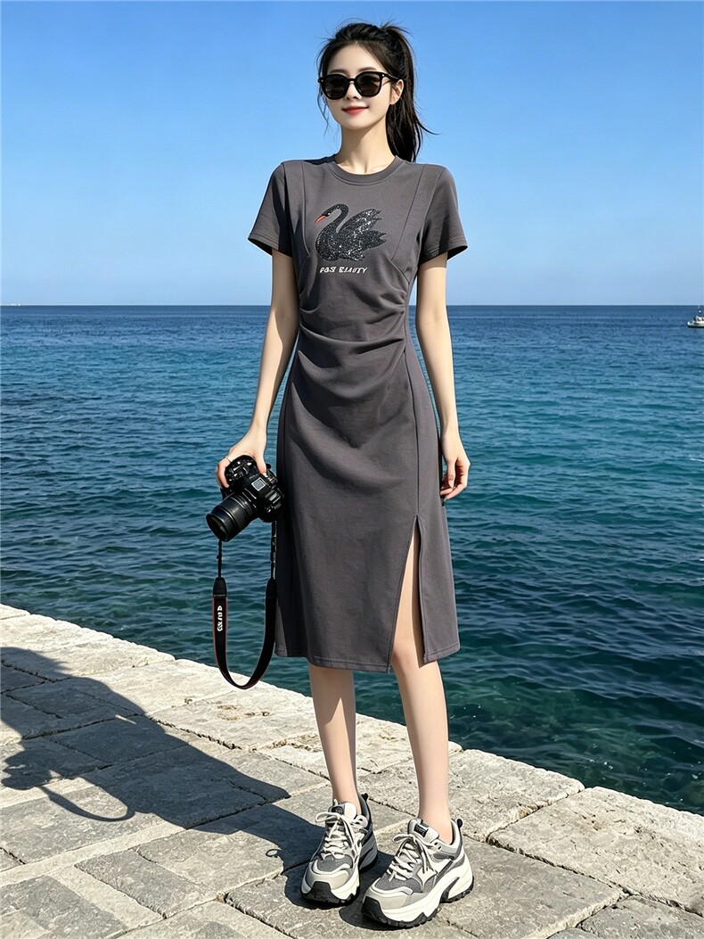 韩版时尚减龄连衣裙女夏款褶皱修身天鹅亮片开叉中长款灰色A字裙,女装连衣裙,江南