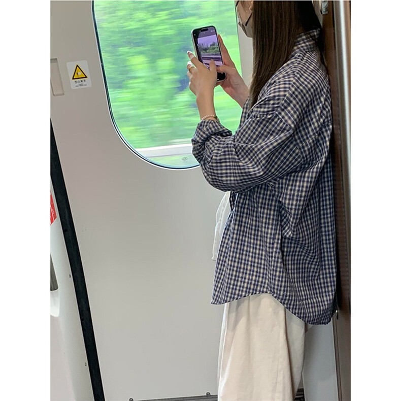高级感蓝格子衬衫女复古百搭上衣宽松休闲长袖衬衣新款WLC166-P35,男装衬衫,星座1008