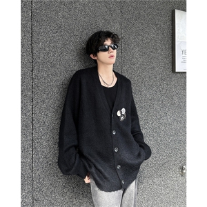 紫色百搭V领针织开衫男女秋冬新款胸针宽松慵懒风毛衣外套MY9802图片