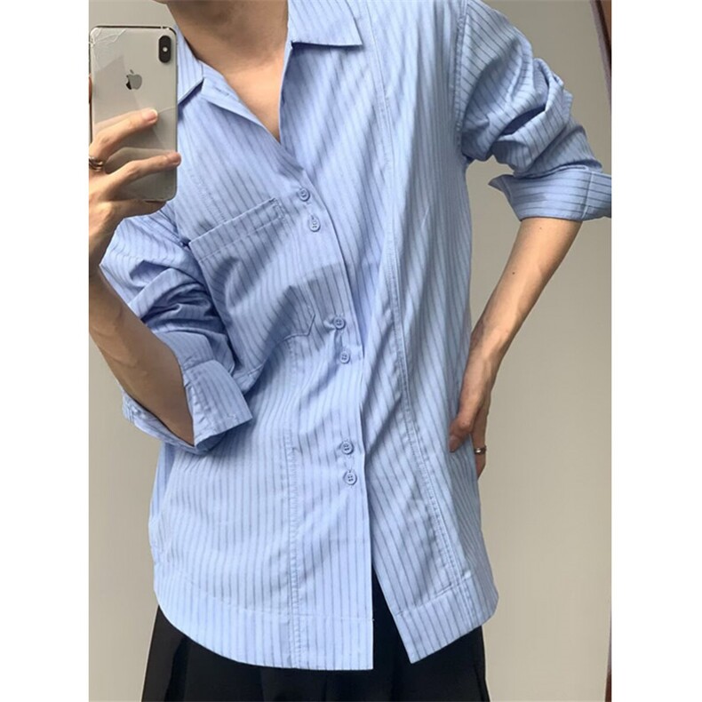 春季衬衫男款韩版时尚蓝色条纹长袖衬衣休闲翻领外套上衣C3207,男装衬衫,星座1116A（原606A-3）