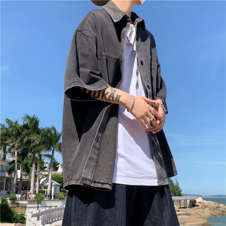牛仔五分短袖衬衫外套男夏季新款潮流ins港风痞帅衬衣CS1353-p45,男装T恤,星座1008-2