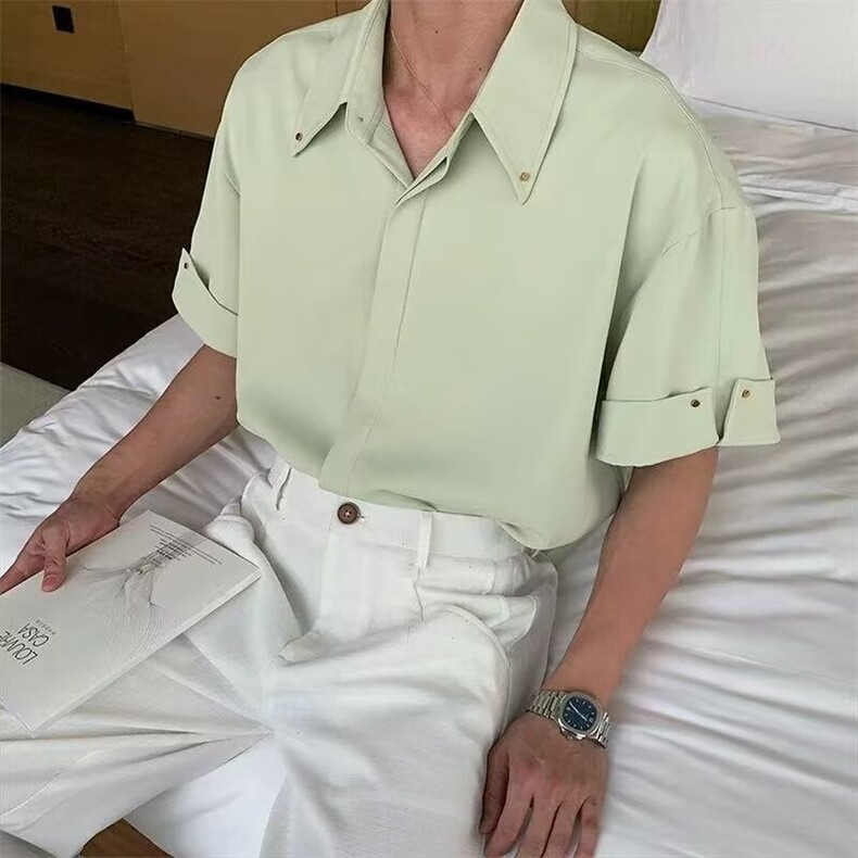 夏季新款高级感短袖衬衫男潮牌痞帅设计感小众宽松休闲五分半截袖,男装T恤,星座506A