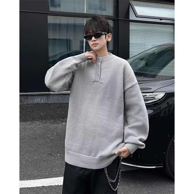 浅灰色亨利领毛衣男秋冬季潮牌慵懒风高级感针织衫cleanfit打底衫图片