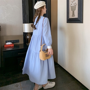 小清新蓝色条纹连衣裙女2025春季新款女装复古文艺宽松减龄衬衫裙图片