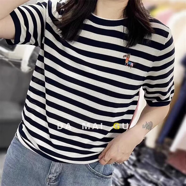 2025新款刺绣彩色小马绢丝条纹短袖T恤薄款天丝针织小衫,女装T恤,珍珑羊绒