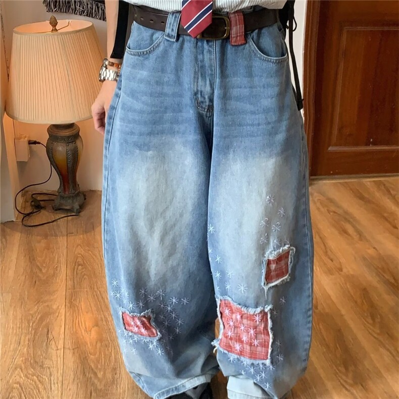 BLACKAT美式高街vibe豹纹弯刀牛仔裤男vintage宽松阔腿休闲长裤潮图片