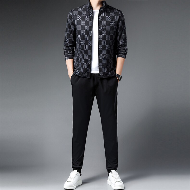 22春季夹克外套新款潮流中年男士商务休闲印花宽松夹克两件套套装，男装休闲套装，电商B212（原钱塘6029）