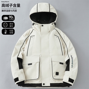 90白鸭绒工装连帽羽绒服男款冬季潮牌设计感休闲宽松拼接外套4023,羽绒篇穿搭分享图片