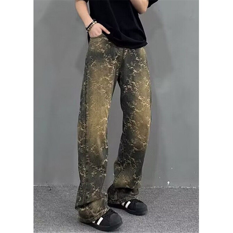 提花牛仔裤男春季潮牌复古蓝休闲痞帅宽松直筒微喇裤N828,男装牛仔裤,星座1116A（原606A-3）