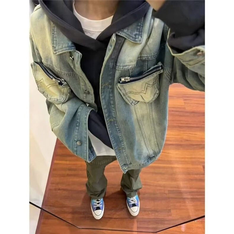 美式复古立体拉链口袋做旧牛仔外套男潮高街宽松夹克LJK89333-P62,男装工装外套,星座1008