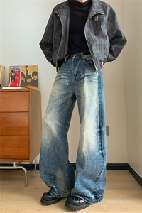 秋季蓝色竹节纹微喇牛仔裤男女潮牌美式高街宽松直筒显瘦复古裤子图片