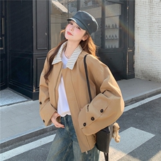 春装水洗棉韩式宽松版格子拼接外套夹克衫2601P160K255，女装短外套，2C219