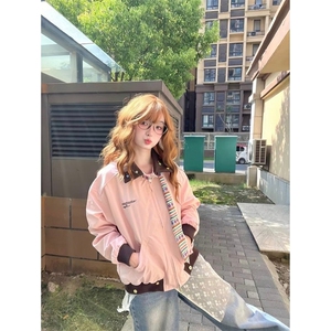 美式潮流撞色翻领拼接情侣夹克男2025春秋季外套上衣女图片