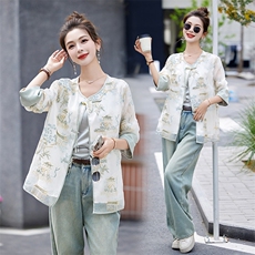 高档刺绣国风盘扣外套女2024夏新款宽松百搭气质圆领薄款防晒上衣，女装防晒衣，伊仟回