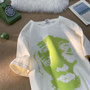 M357-P25 荧光绿人像复古创意印花纯棉T恤2025春夏款男女个性短袖图片