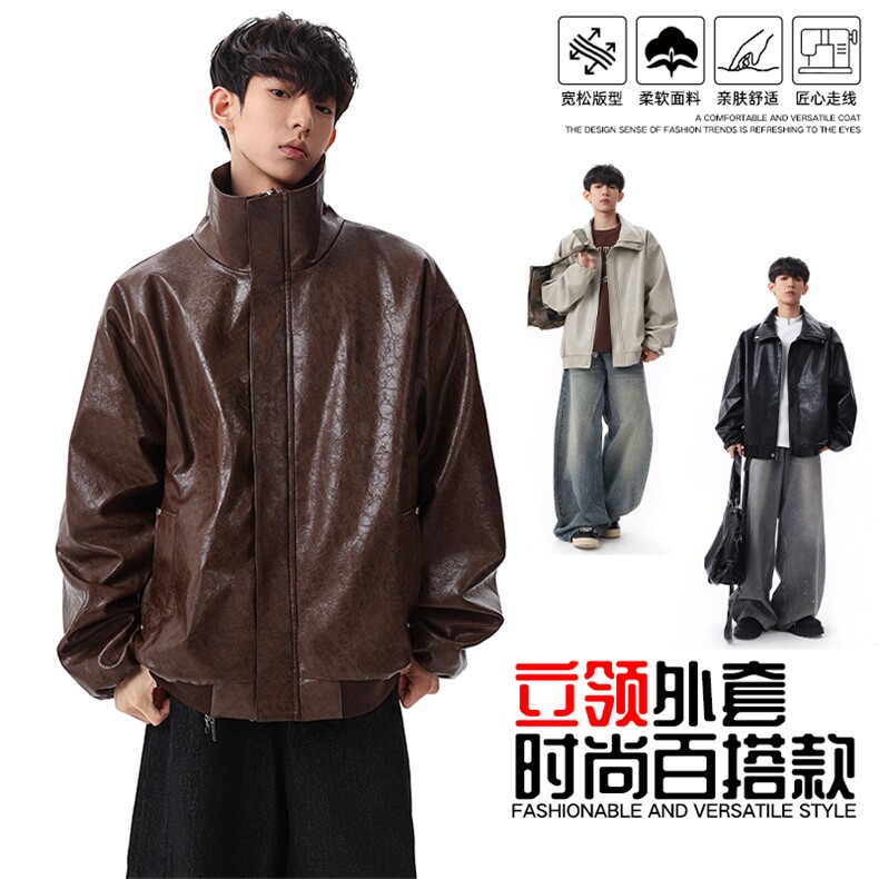 春季潮牌皮衣美式复古情侣翻领PU皮休闲宽松皮夹克外套JK0263-P78图片