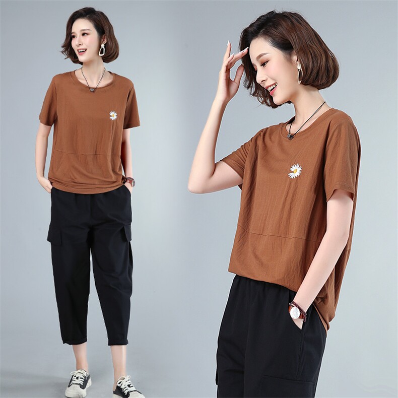 时尚小雏菊刺绣上衣套装裤853简约百搭显瘦休闲两件套，女装套装/套裙，依恋蒂丝