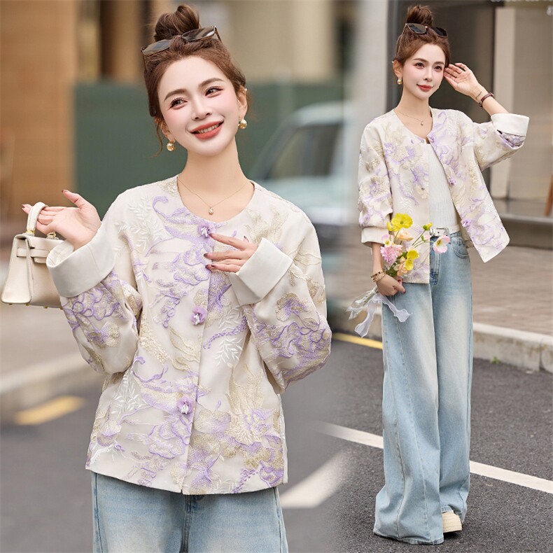 2025春夏季新款紫色重工刺绣提花蕾丝防晒衣新中式国风短款外套女,女装短外套,伊仟回