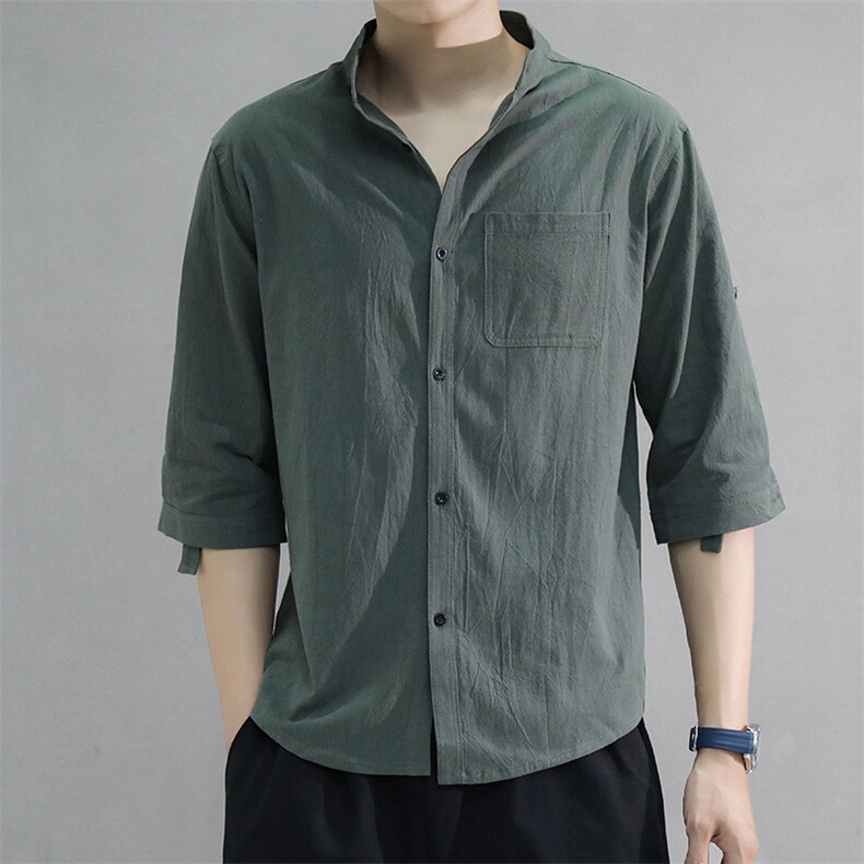夏季立领洗水皱透气吸汗男七分袖宽松大码潮男装衬衣C1020-P24,男装衬衫,星座1109-2