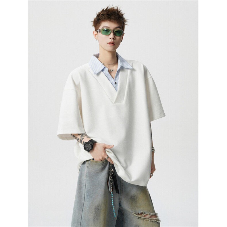 706-LK2736-P38特P夏季韩版简约设计拼接衬衫V领假两件短袖T,男装衬衫,星座706